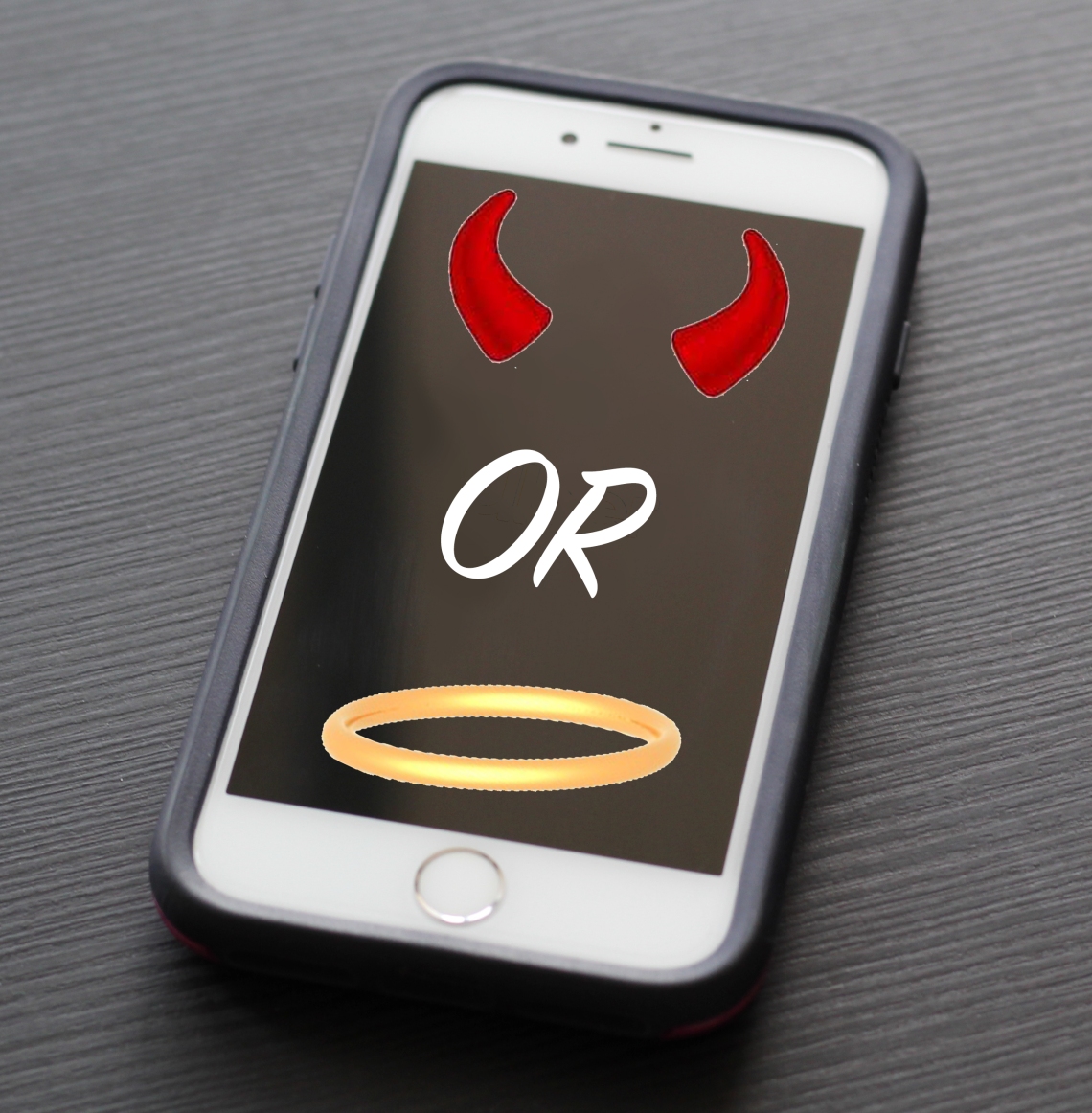 smart phone with image of devil horns "OR" and angel halo